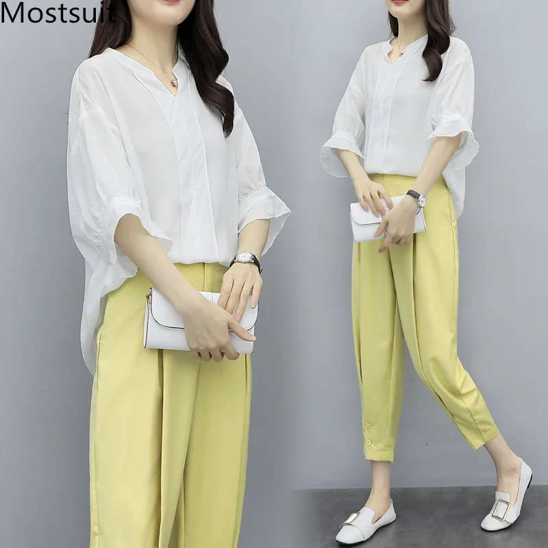 2019 Summer Two Piece Sets Women V-neck Blouses And Yellow Pants Suits Office Elegant Loose Ladies Women's 2 Piece Sets Femme
2019 Summer Two Piece Sets Women V-neck Blouses And Yellow Pants Suits Office Elegant Loose Ladies Women's 2 Piece Sets Femme