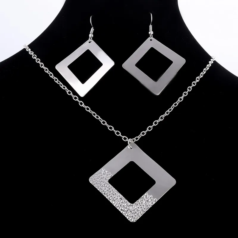 Delicate Silver Color Jewelry Set Square Pendant Long Chain Necklace +Drop Earring Fashion Wedding | Украшения и аксессуары