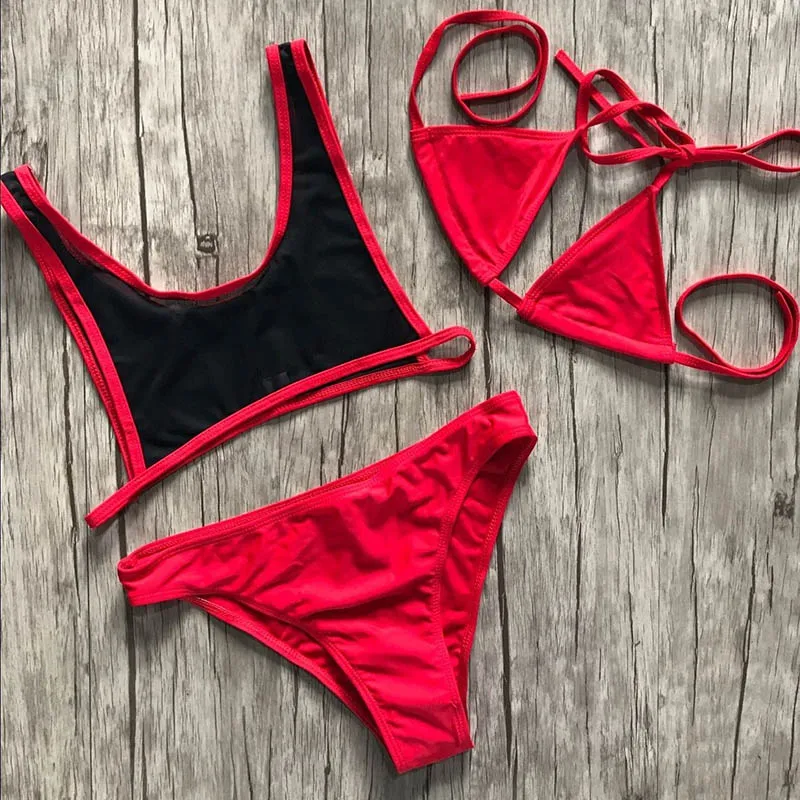 New Mesh Triangle Three Piece Swimwear Women Bikini Set Sexy Splicing See Through Swimsuit Cut Out Beach Wear Red Bathing Suits |