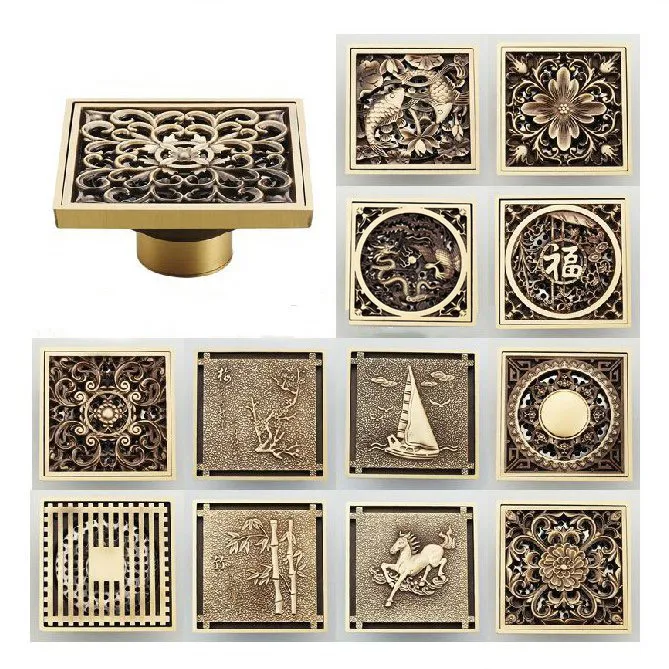 

Fashion hot 10*10cm Vintage Artistic Brass Bathroom Wetroom Square Shower Floor Drain Trap Waste Grate With Hair Strainer