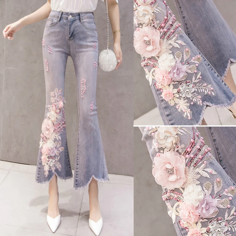 2019 New Korea Womens High Waisted Stretch Glitters Flower Embroidered Denim Flare Pants , Floral Pearl Jeans Trousers For Woman
2019 New Korea Womens High Waisted Stretch Glitters Flower Embroidered Denim Flare Pants , Floral Pearl Jeans Trousers For Woman
