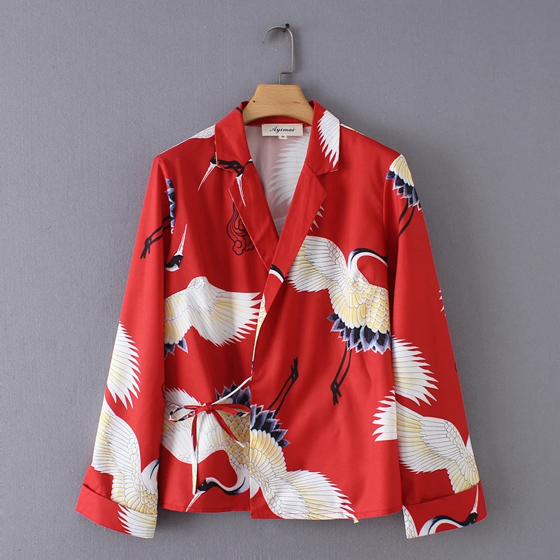 women fashion sweet crane print casual slim smock red blouse shirts women chic lace up loose kimono blusas femininas tops LS2995
women fashion sweet crane print casual slim smock red blouse shirts women chic lace up loose kimono blusas femininas tops LS2995