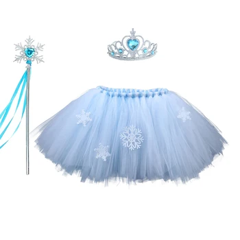 

Elegant Snow Queen Snowflake Princess Costume Froze Elsa Skirt with Snowflake Pattern Christmas Tutu Mini Skirt with Crown Wands