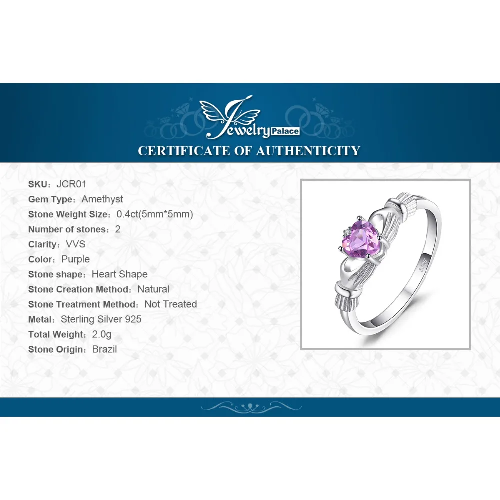 JewelryPalace натуральный аметист ирландский Claddagh кольцо Твердые 925 пробы серебро