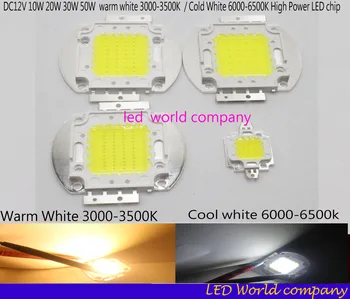 

free shipping 1p DC12V 10W 20W 30W 50W Cold White 6000-6500K High Power LED chip White bulb Flood light Integration COB SMD Lamp