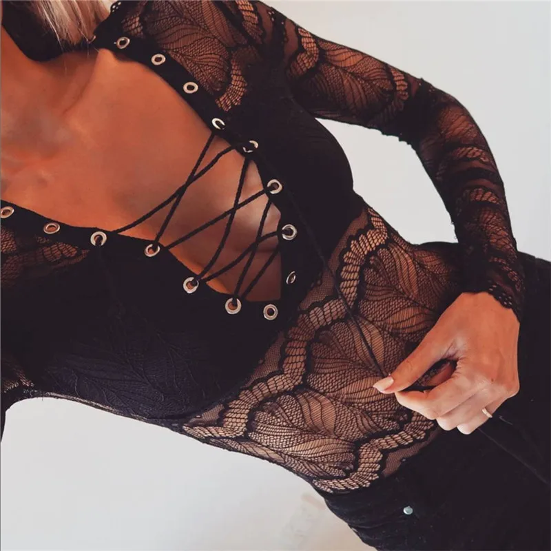 Women Lace-up Deep V transparent lacce bodysuit (7)