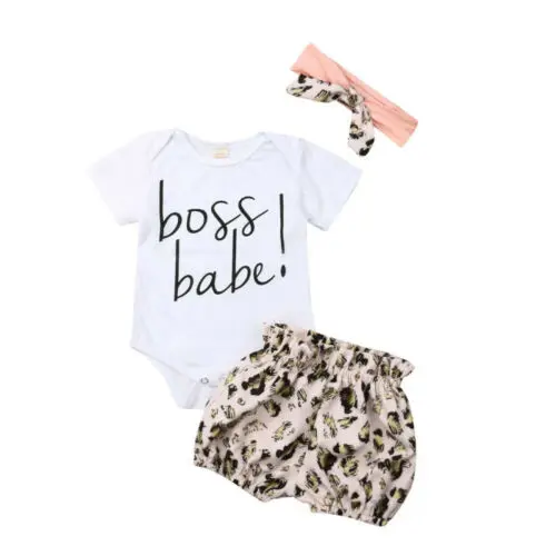 Newborn Baby Girls Clothes White Letter Print Romper Tops+ Leopard Print Shorts +Headband Outfits Summer Clothes 3pcs
Newborn Baby Girls Clothes White Letter Print Romper Tops+ Leopard Print Shorts +Headband Outfits Summer Clothes 3pcs