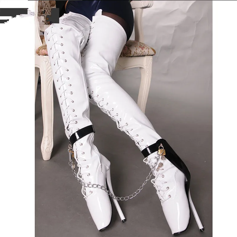 

Sexy Fetish Extreme High Heel 18Cm/7 Inc Crotch Boots Women White Over Knee Ballet Heels Thin heel Padlocks Chain Long Boots