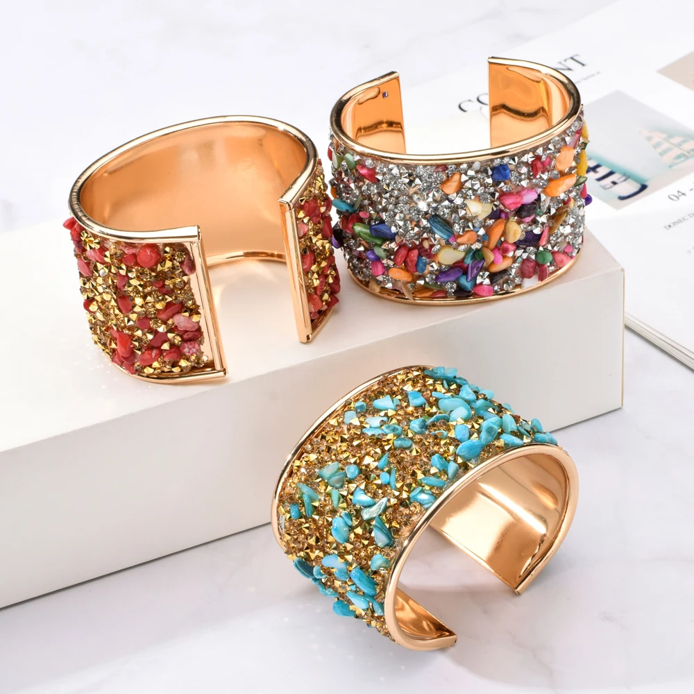 New Exaggerate Wide Natural Stone Rhinestone Bangles Open Cuff Bracelets Gold Color Metal Big Bangle Women Men Statement Jewelry
New Exaggerate Wide Natural Stone Rhinestone Bangles Open Cuff Bracelets Gold Color Metal Big Bangle Women Men Statement Jewelry