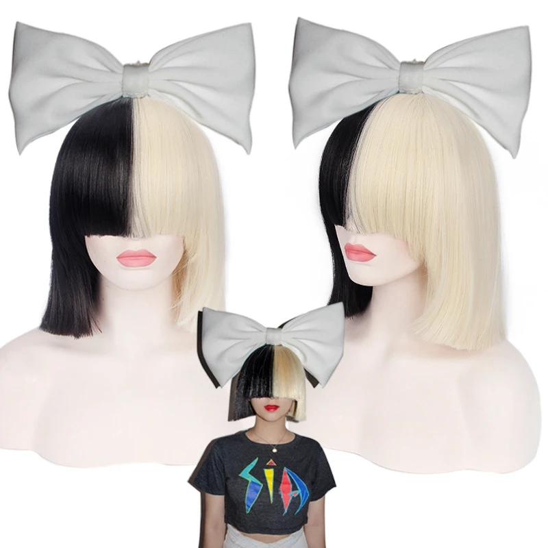 

Sia Alive This Is Acting Short Straight Cosplay Wigs for Women Female Anime Party Half Black and Half Blond Synthetic Hair