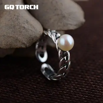 

GQTORCH Vintage Thai Silver Braided Rings For Women With Natural Freshwater Pearl 925 Sterling Silver Jewelry Opening Type 2017