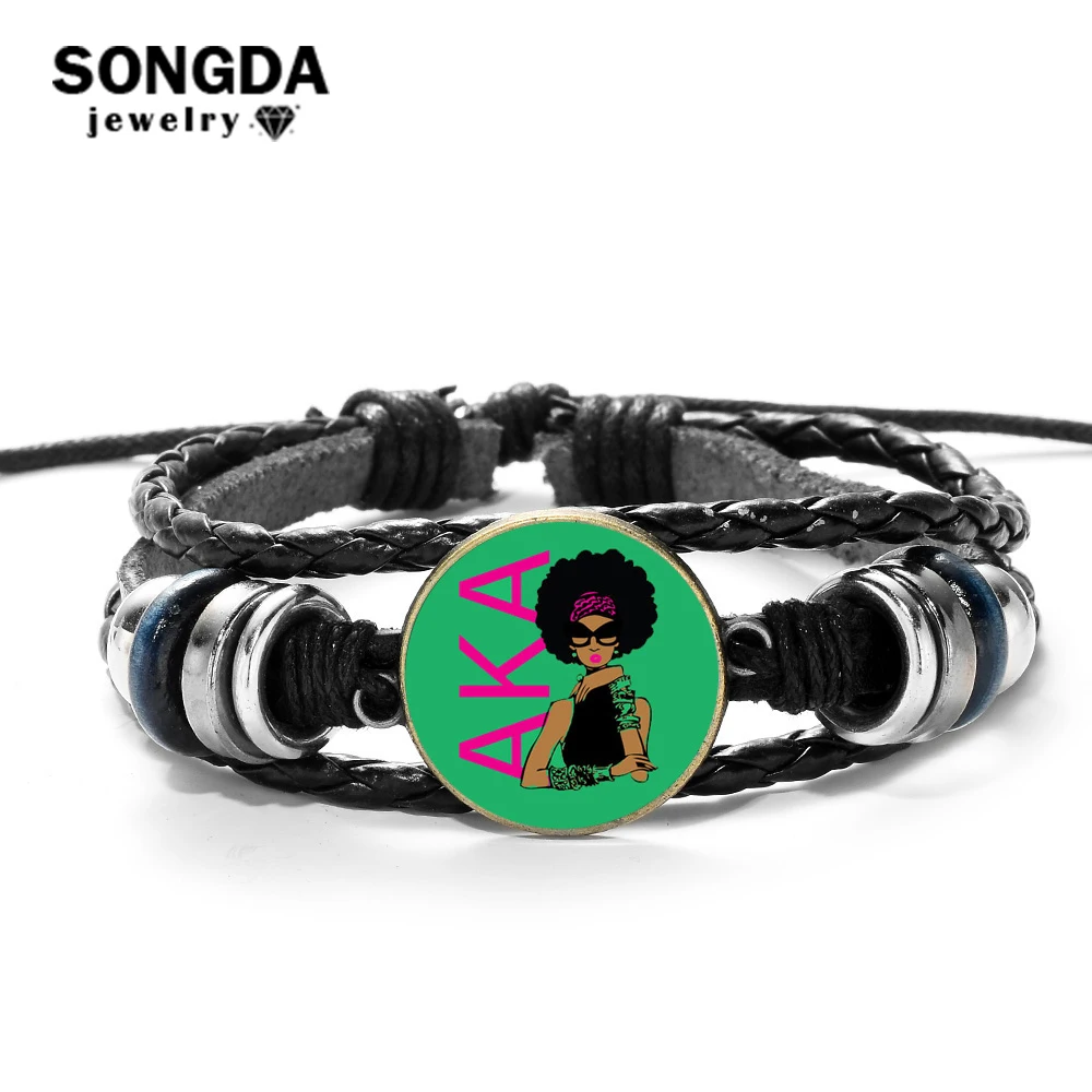 SONGDA New Style! Greek Sorority AKA Glass Gem Charms Leather Bracelet Vintage Black Punk Casual Bracelets for Women Men Jewelry 
SONGDA New Style! Greek Sorority AKA Glass Gem Charms Leather Bracelet Vintage Black Punk Casual Bracelets for Women Men Jewelry