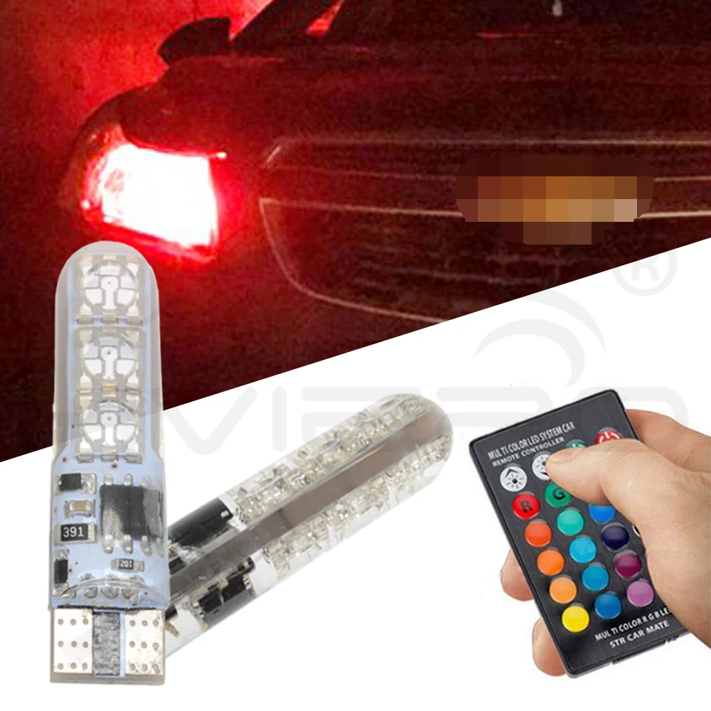 Hviero 2X T10 Silica Gel RGB w5w LED with Remote Controller RGBW 501 194 168 6SMD 5050 Strobe Car Wedge Side Light DC 12V Car Bulbs