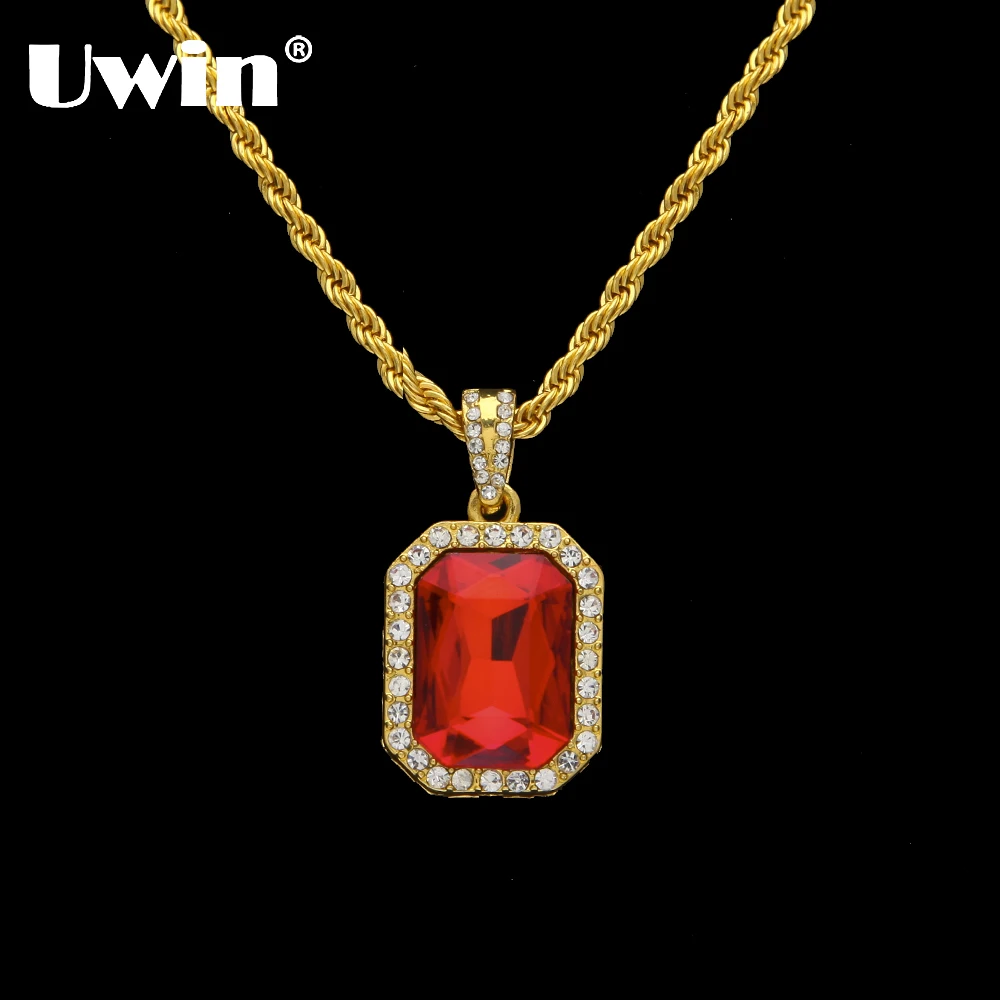 

Uwin Charm Mini Red Rhinestones Square Hip hop Pendant Men Necklace With Free 24inch Rope Chain Jewelry Wholesale Drop Shipping