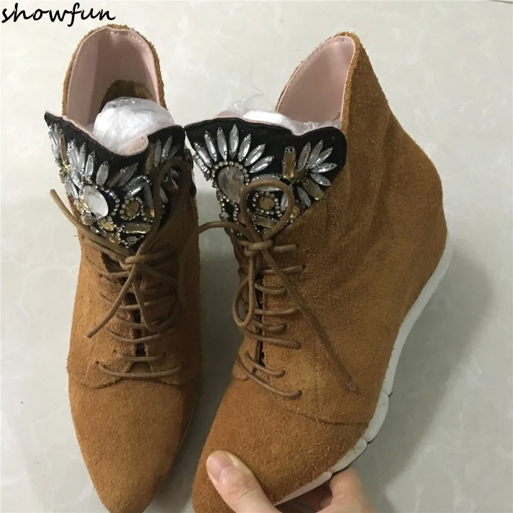 Women's Genuine Suede Leather Wedge Pointed Toe Lace-up Ankle Boots Rhinestone Leisure Short Booties Shoes Only 1 Pair for Sale
Women's Genuine Suede Leather Wedge Pointed Toe Lace-up Ankle Boots Rhinestone Leisure Short Booties Shoes Only 1 Pair for Sale
