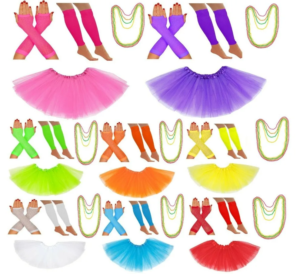 NEON Rosa Tutu Gonna Lunga Collana Con Perline Guanti Scaldamuscoli 80S Costume Lotto
