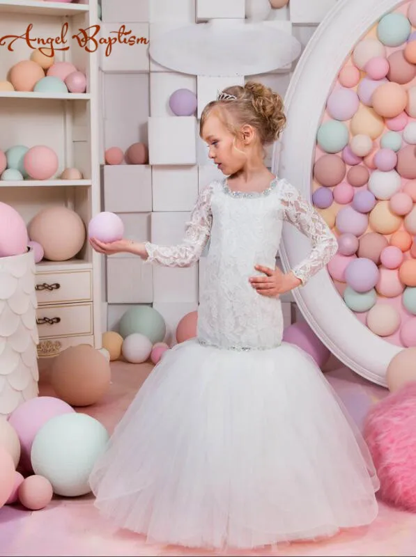 Vintage white mermaid long sleeves flower girl dresses with sheer lace beads diamond lace up back for junior bridesmaid wedding
Vintage white mermaid long sleeves flower girl dresses with sheer lace beads diamond lace up back for junior bridesmaid wedding