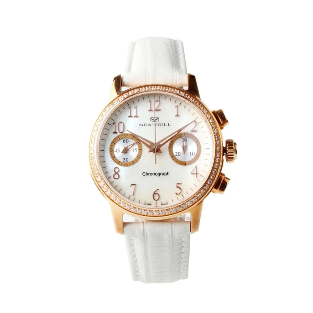 Seagull Rhinestones Bezel Mother of Pearl Dial White Genuine Leather Band Women Chronograph Watch 719.754L
Seagull Rhinestones Bezel Mother of Pearl Dial White Genuine Leather Band Women Chronograph Watch 719.754L