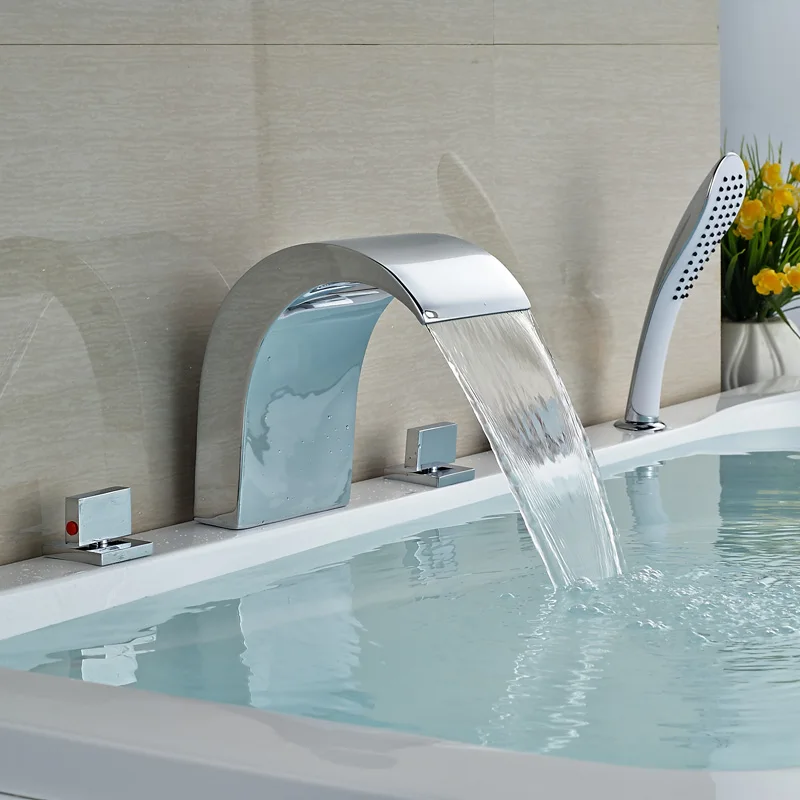 Waterfall Spout with Three Handles One Plastic Hand Shower Deck Mounted Chrome Finish Bathroom Faucet