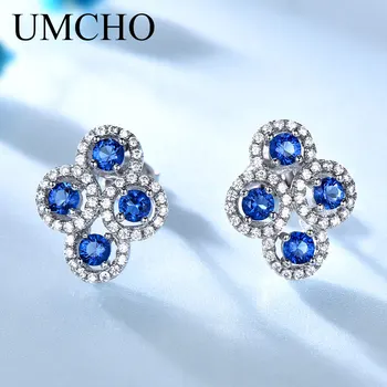 

UMCHO Solid 925 Sterling Silver Earring Created Blue Sapphire Stud Earrings For Women Anniversary Birthday Gift Gemstone Jewelry