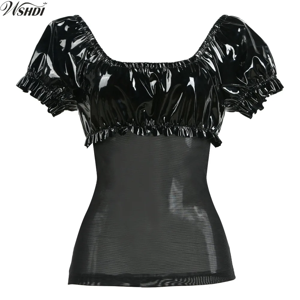 S-XXL New Black PVC Latex Sexy Punk Gothic T-shirt Exotic Faux Leather Gauze Patchwork Tops PVC Mesh Top Club Party Costume
S-XXL New Black PVC Latex Sexy Punk Gothic T-shirt Exotic Faux Leather Gauze Patchwork Tops PVC Mesh Top Club Party Costume