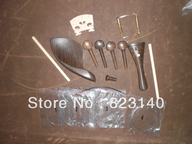 1 Set High Grade WENGE Violin fitting with Tail gut, Sound post, Gold chin rest screw, Violin bridge and Violin string
1 Set High Grade WENGE Violin fitting with Tail gut, Sound post, Gold chin rest screw, Violin bridge and Violin string