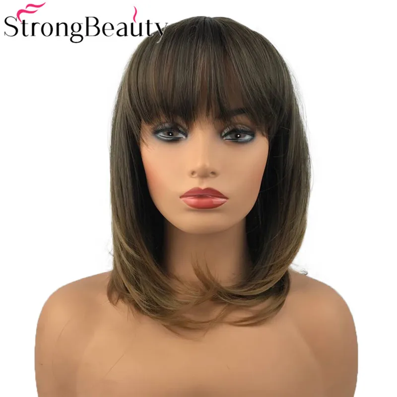 

Strong Beauty Synthetic Natural Straight Wigs Medium Length Wigs with Neat Bang Capless Women Hair