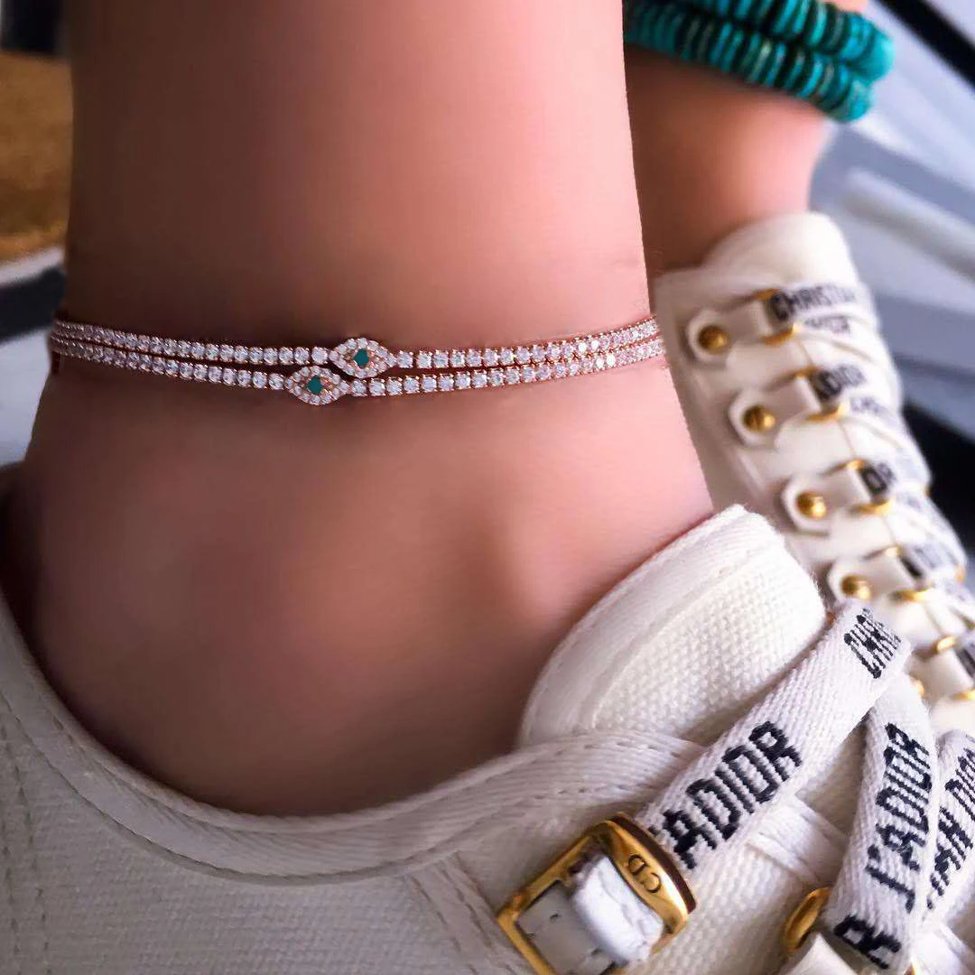 

2 Pcs/ Set Fashion Evil Eye Crystal Anklet Link Rhinestone Gem Gold Anklet Set Women Boho Barefoot Sandal Bridal Beach Jewelry