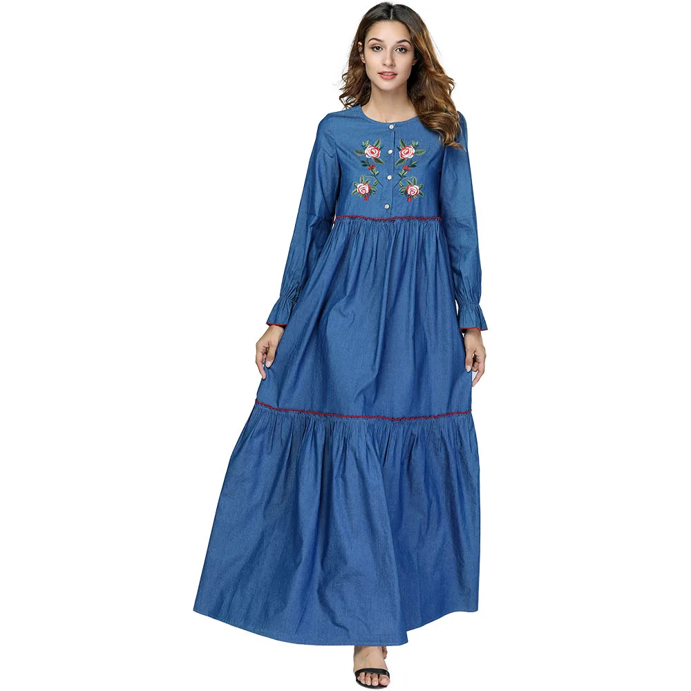 Women Muslim Casual Dress Spring Long Sleeves Flowers Embroidery Denim Dresses Female Loose Pleated Maxi Jeans Dress
Women Muslim Casual Dress Spring Long Sleeves Flowers Embroidery Denim Dresses Female Loose Pleated Maxi Jeans Dress