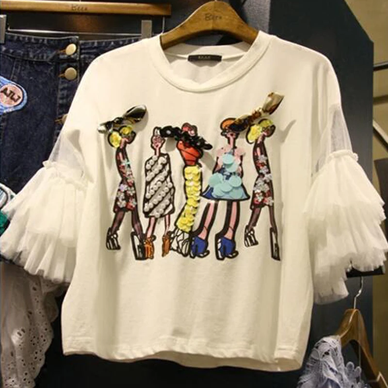 Summer New Students Tops 2019 O Neck Gauze Patchwork Short Sleeve Women's Tshirts Cartoon Sequined Beads Female T-shirts White
Summer New Students Tops 2019 O Neck Gauze Patchwork Short Sleeve Women's Tshirts Cartoon Sequined Beads Female T-shirts White