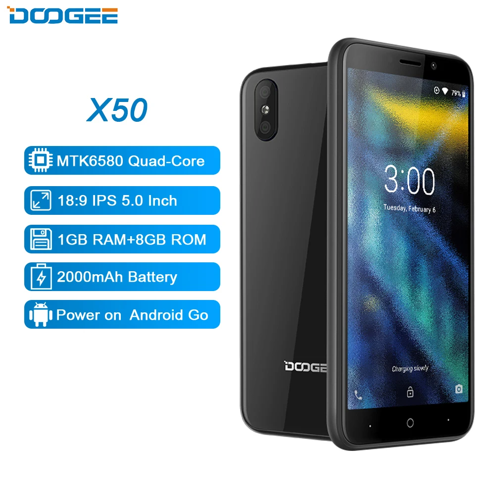 

Original DOOGEE X50 Smartphone Android 8.1 MTK6580M Quad Core 1GB RAM 8GB ROM 5.0 inch 2000mAh Dual Camera 3G WCDMA Mobile Phone