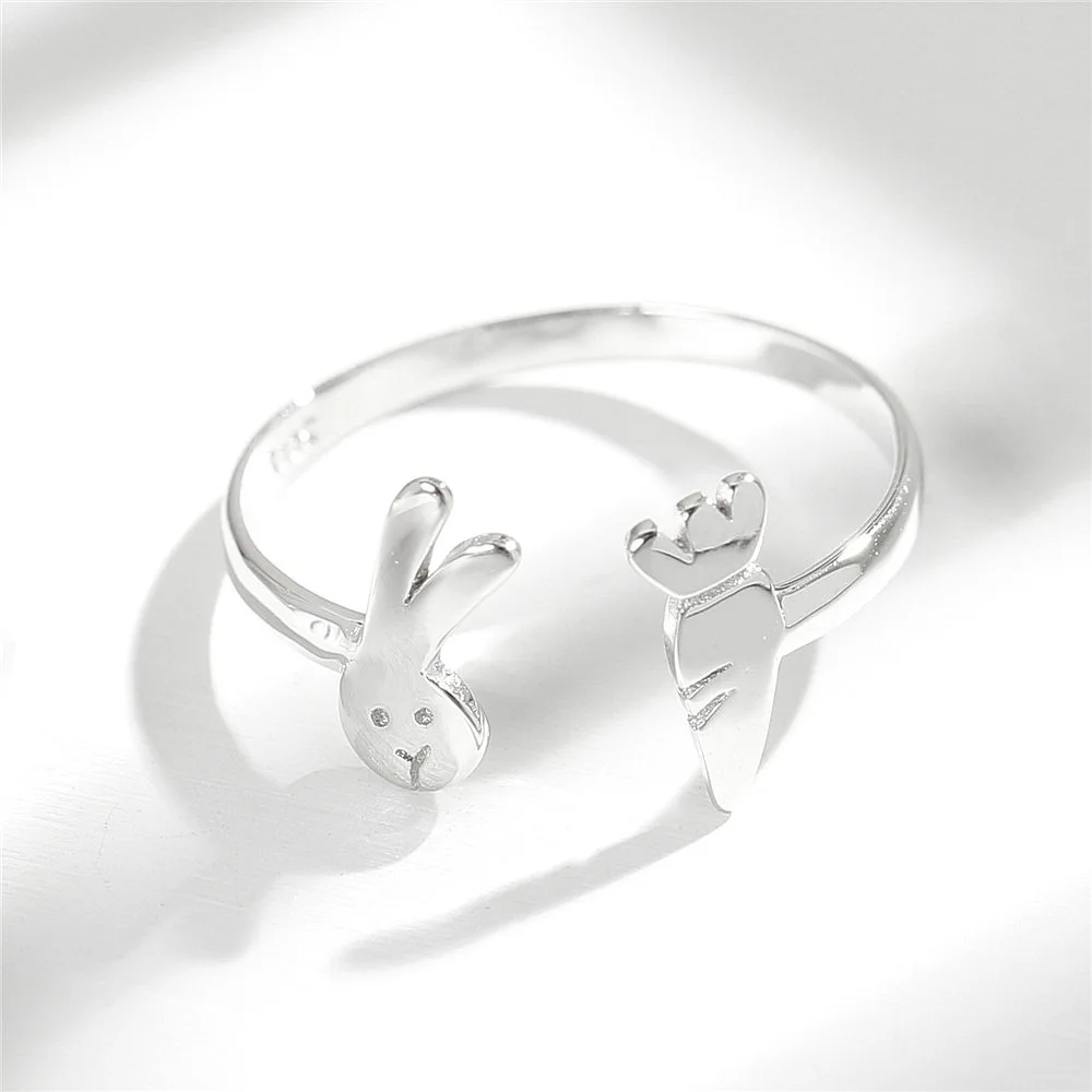 cute rabbit Carrot open ring 100% Sterling 925 silver Jewelry Vintage Adjustable rings for women girl gift