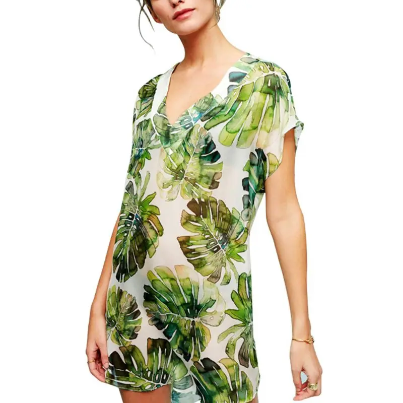 Womens Summer Chiffon Asymmetric Swimsuit Cover Up Deep V-Neck Boho Tropical Leaves Printed Mini Dress Short Sleeves Loose Pullo
Womens Summer Chiffon Asymmetric Swimsuit Cover Up Deep V-Neck Boho Tropical Leaves Printed Mini Dress Short Sleeves Loose Pullo