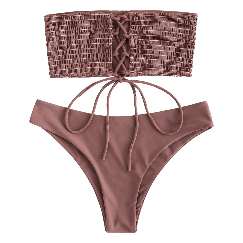 Smocked Lace-up Strapless Padded Solid Natural Waist Two-piece Women Bikini Set Swimwear Swimdress Brazilian Biquni Bathing Suit
Smocked Lace-up Strapless Padded Solid Natural Waist Two-piece Women Bikini Set Swimwear Swimdress Brazilian Biquni Bathing Suit