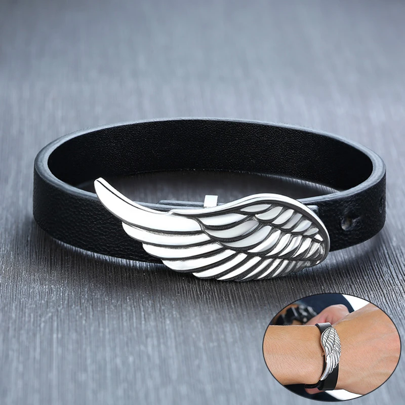 Rock Punk Eagle Wing Charm Bracelets for Men Black Genuine Leather Stainless Steel Feather Clasp Casual pulsera masculina
Rock Punk Eagle Wing Charm Bracelets for Men Black Genuine Leather Stainless Steel Feather Clasp Casual pulsera masculina