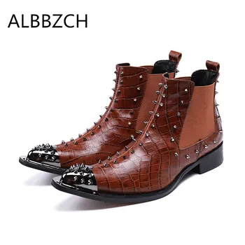 Fashion metal rivet design pointe toe slip on high top embossed leather boots men spring autumn western style mens ankle boots 
Fashion metal rivet design pointe toe slip on high top embossed leather boots men spring autumn western style mens ankle boots