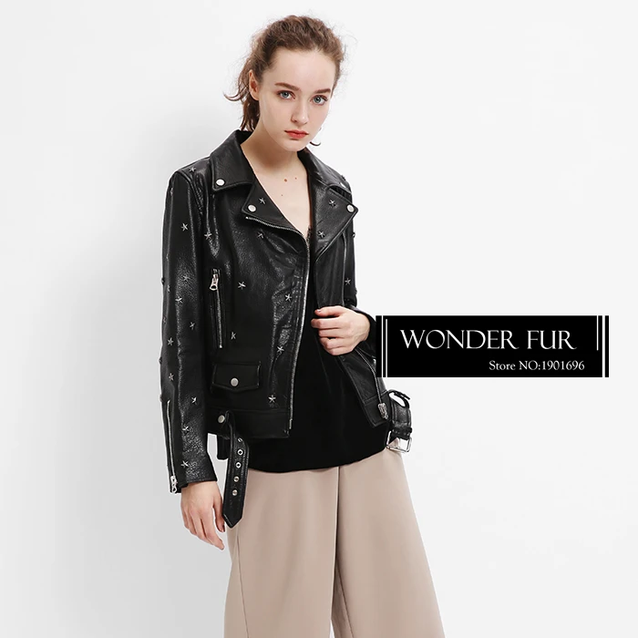 Rock Style Black Goat Leather Jacket Women's Punk Sheep Leather Coat With Zipper Top Quality Spring Star Rivet Sheepskin Jacket
Rock Style Black Goat Leather Jacket Women's Punk Sheep Leather Coat With Zipper Top Quality Spring Star Rivet Sheepskin Jacket