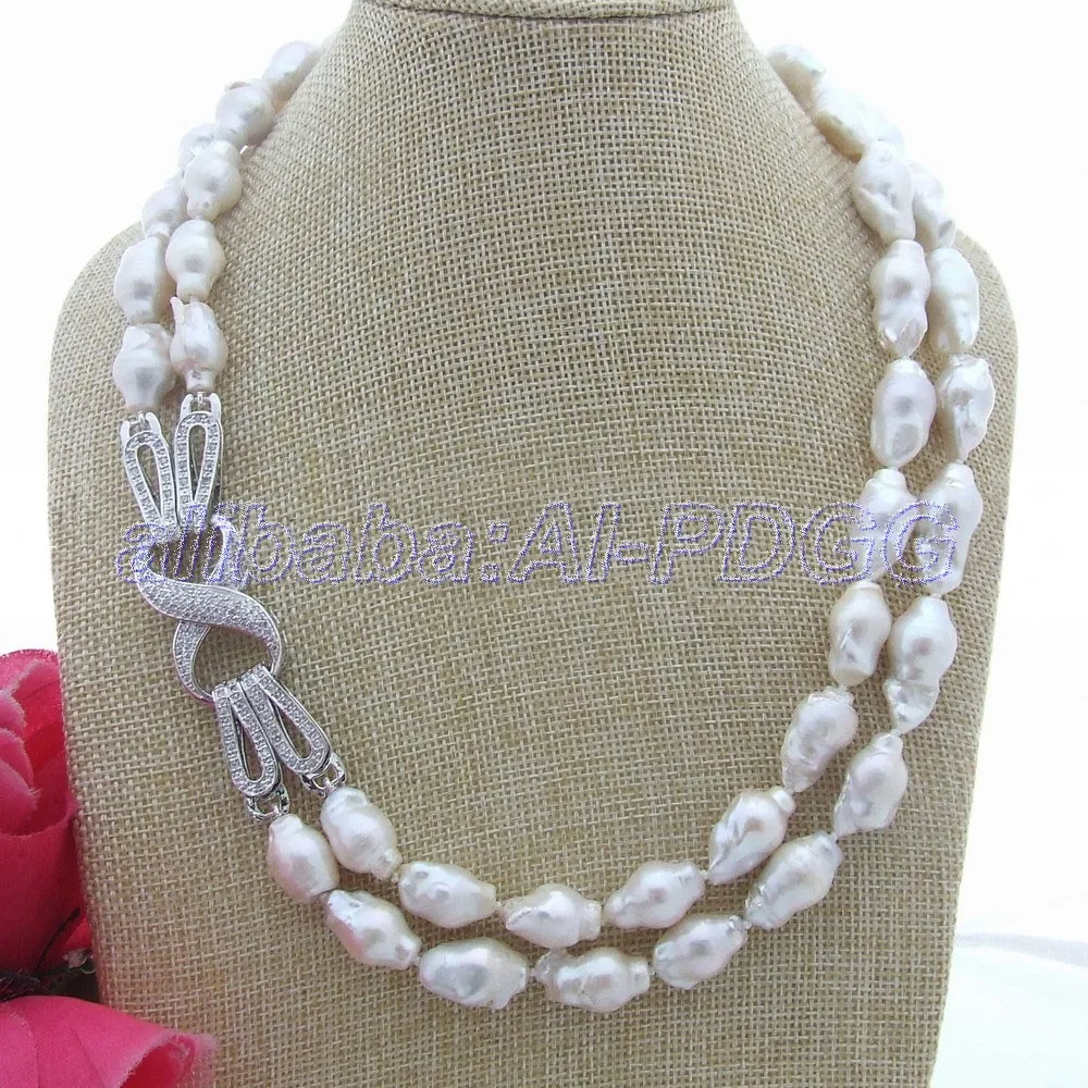 Natural 2 Strands White 18MM Reborn Keshi Baroque Pearl Necklace 20"-21