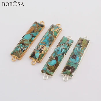 

BOROSA 4PCS Rectangle Gold Plated Copper Turquoises Faceted Connectors blue stones Double loops Boho Bracelet Women Gifts G1763