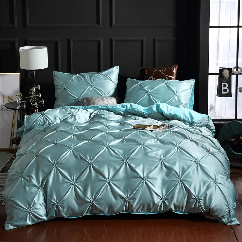 Light Blue Pleated Square 3d Bedding Sets Printed Duvet Cover Set