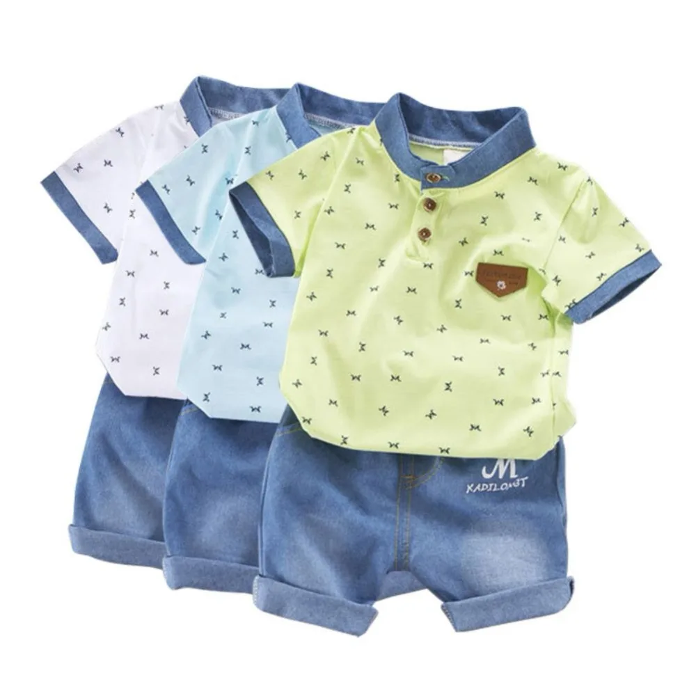 Baby Boys Summer Clothes Newborn Children clothing sets for Boy Short Sleeve Shirts + Jeans Cool denim shorts Suit | Детская одежда и