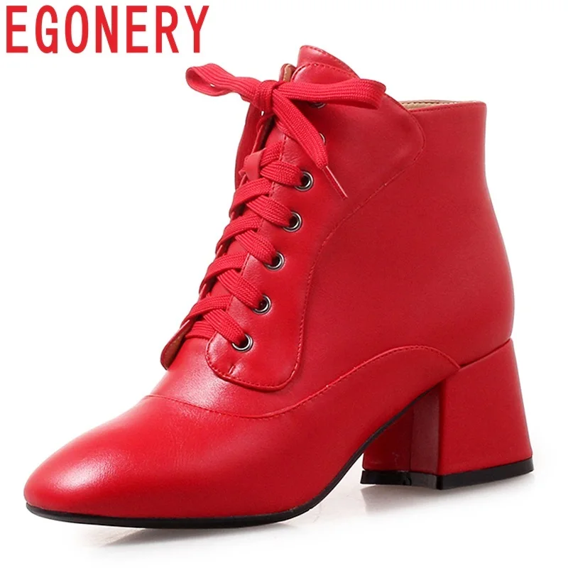 

EGONERY hot sale 2019 winter newest fashion three colors square toe women shoes med hoof heels lace-up ankle boots size 33-43