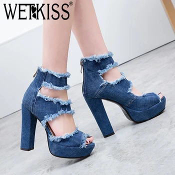 WETKISS Denim Ankle Boots Women Peep Toe Zip Footwear High Heels Platform Boot Female Elastic Sexy Holed Shoes Woman 2019 Summer
WETKISS Denim Ankle Boots Women Peep Toe Zip Footwear High Heels Platform Boot Female Elastic Sexy Holed Shoes Woman 2019 Summer