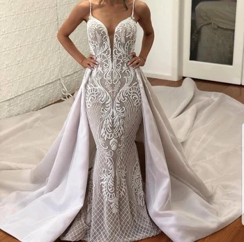 Modern Lace Mermaid Wedding Gowns With Detachable Train Spaghetti Straps Sexy Wedding Dresses 2019 Vestido de noiva
Modern Lace Mermaid Wedding Gowns With Detachable Train Spaghetti Straps Sexy Wedding Dresses 2019 Vestido de noiva