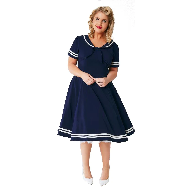 navy blue dress with white piping