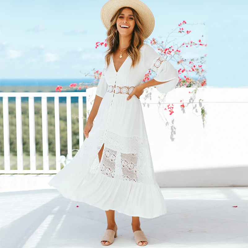 Bohemian Boho Dress Summer Beach Dress Women V Neck Flare Sleeve Mid Calf Crochet Lace White Dress Jurken Robe Femme Ete 2018
Bohemian Boho Dress Summer Beach Dress Women V Neck Flare Sleeve Mid Calf Crochet Lace White Dress Jurken Robe Femme Ete 2018