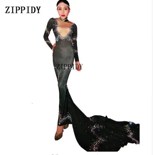 Colorful Crystals Stretch Black Dress Women's Birthday Prom Party Wear Female Singer Nightclub Show Sexy Long Tail Dresses
Colorful Crystals Stretch Black Dress Women's Birthday Prom Party Wear Female Singer Nightclub Show Sexy Long Tail Dresses