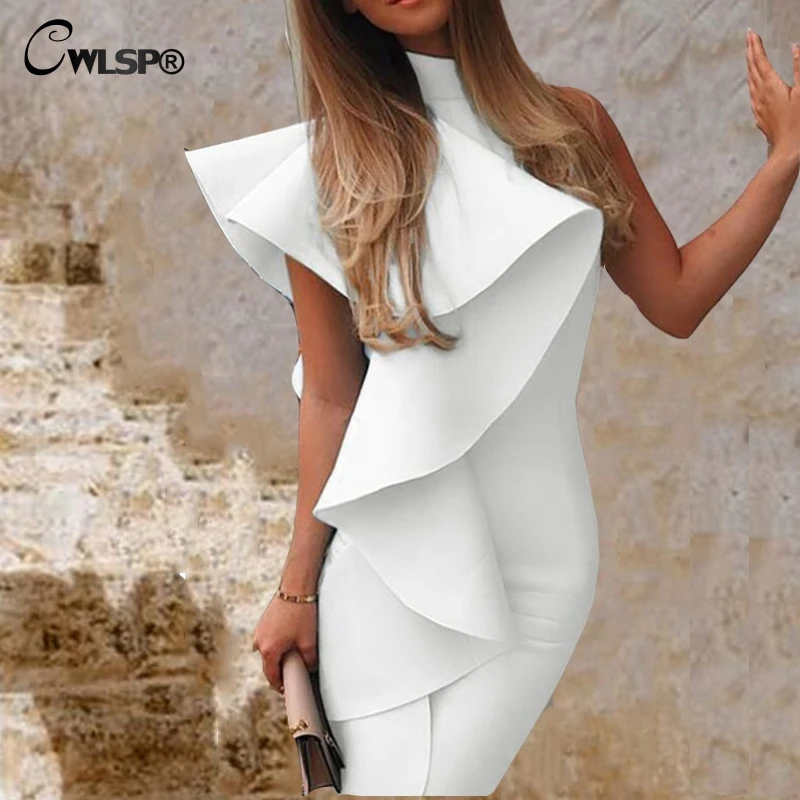 

CWLSP 2019 white dress ruffles Female Solid Ribbed dress vestidos Casual Slim dresses Fashion style Mock-neck backless QZ2866