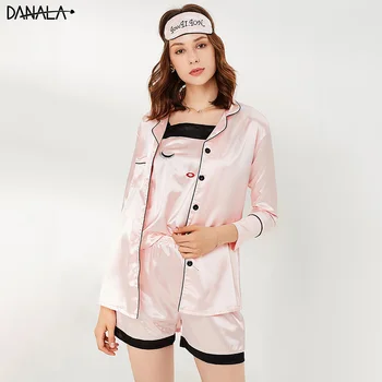 DANALA 4 Piece Satin Women Pyjamas Sets Summer Solid Turn-down Collar Short Sleeve Sleepwear Sets Women Home Suits Sexy Sling 
DANALA 4 Piece Satin Women Pyjamas Sets Summer Solid Turn-down Collar Short Sleeve Sleepwear Sets Women Home Suits Sexy Sling