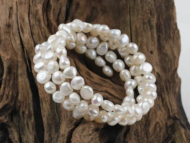 

Details about Natural white freshwater pearl wrap bangle bracelet three strands style